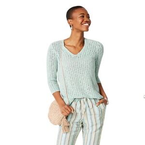 J Jill Petite Light Blue Crochet Knit‎ V Neck 3/4 Sleeve Sweater Top L